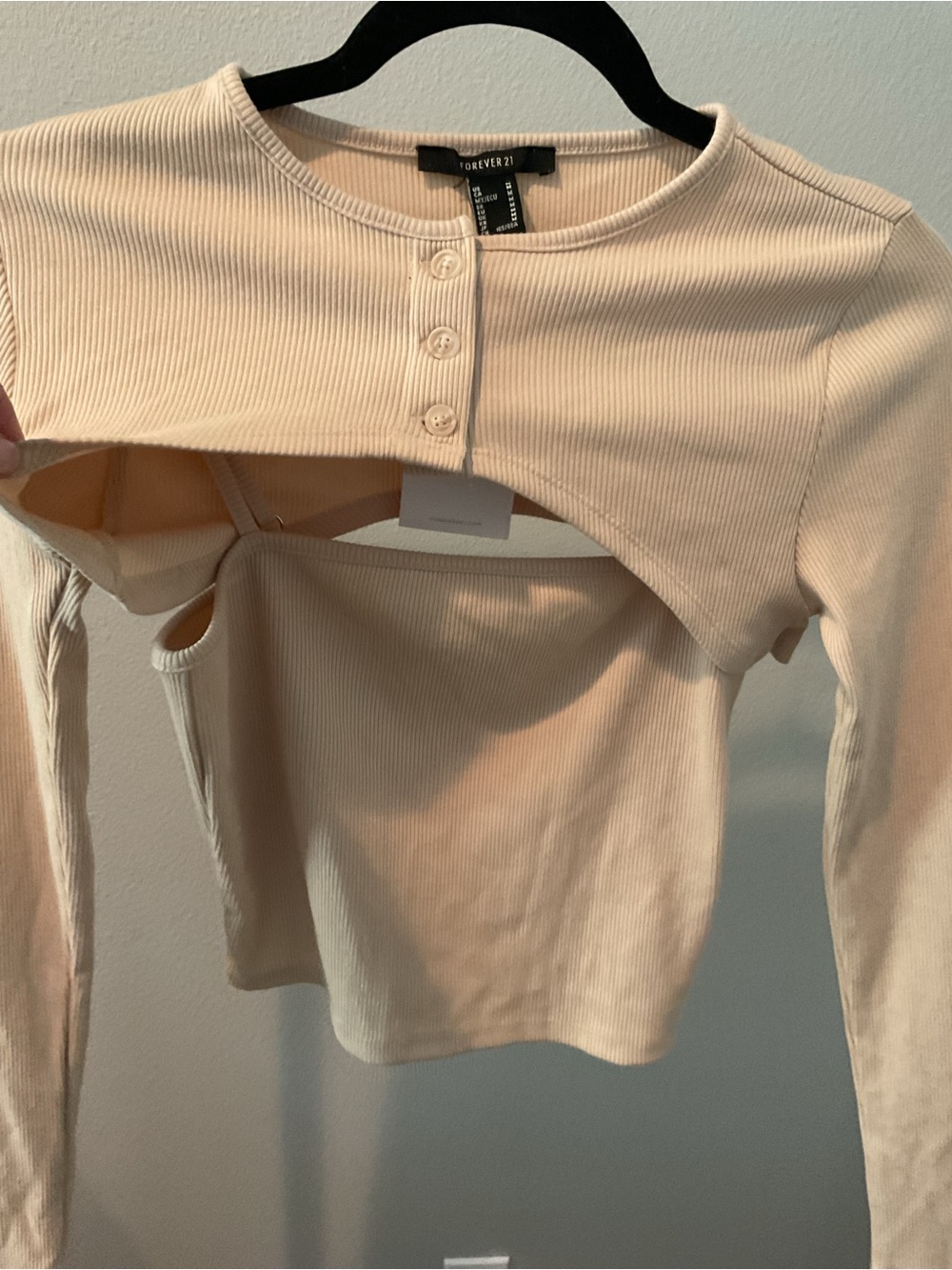 Forever 21 Cream Cutout Ribbed Long-Sleeve Crop Top - Picture 4 of 5
